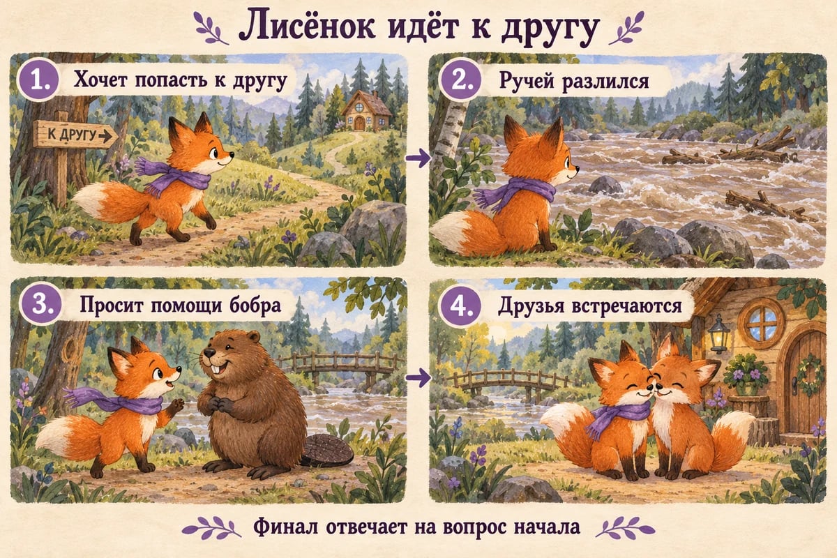 Четыре иллюстрированных события сказки: лисёнок идёт к другу, встречает разлившийся ручей, просит бобра помочь и добирается до друга