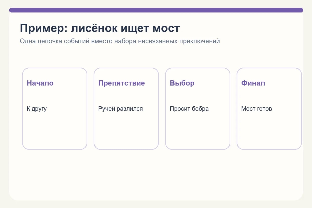 Цепочка истории о лисёнке: дорога к другу, разлившийся ручей, помощь бобра, встреча