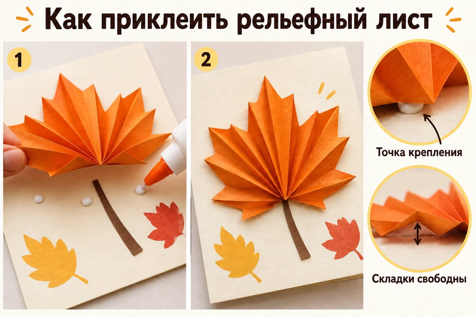 Как приклеить рельефный лист. Точка крепления; Складки свободны.
