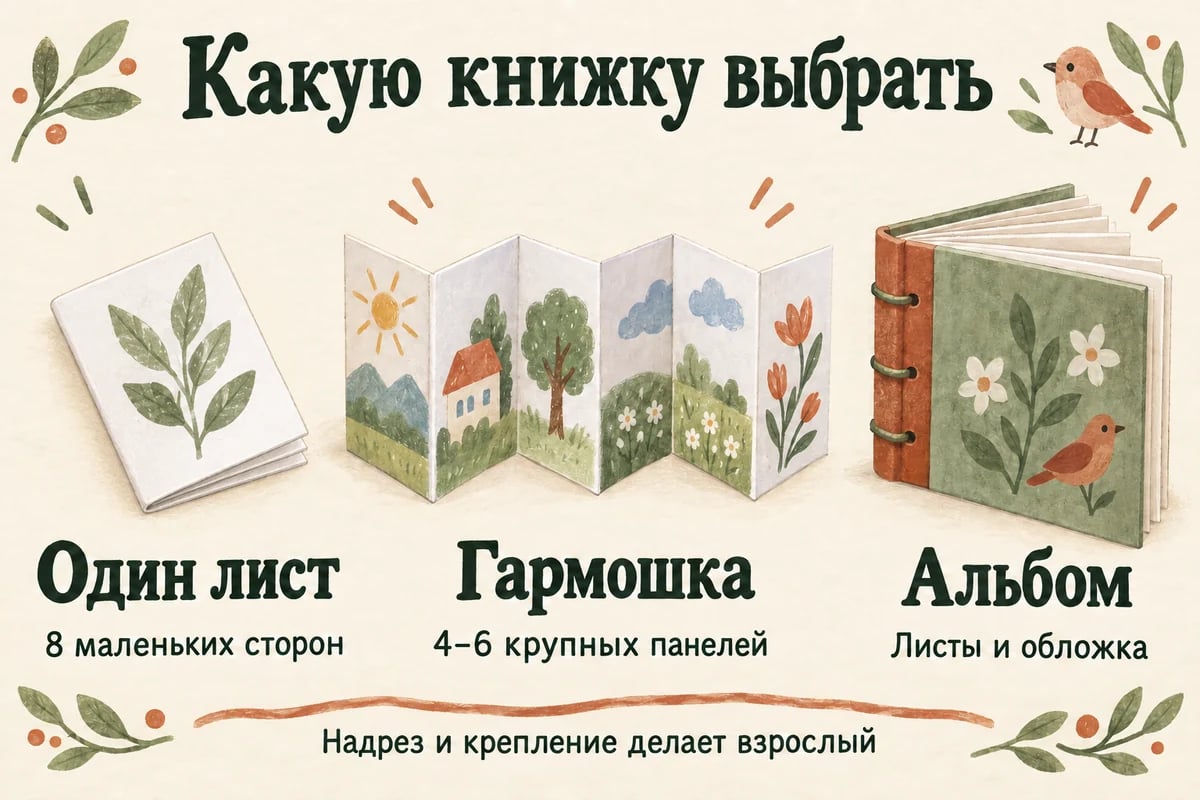 Три конструкции бумажной книжки: сложенная книжка из одного листа, гармошка и альбом