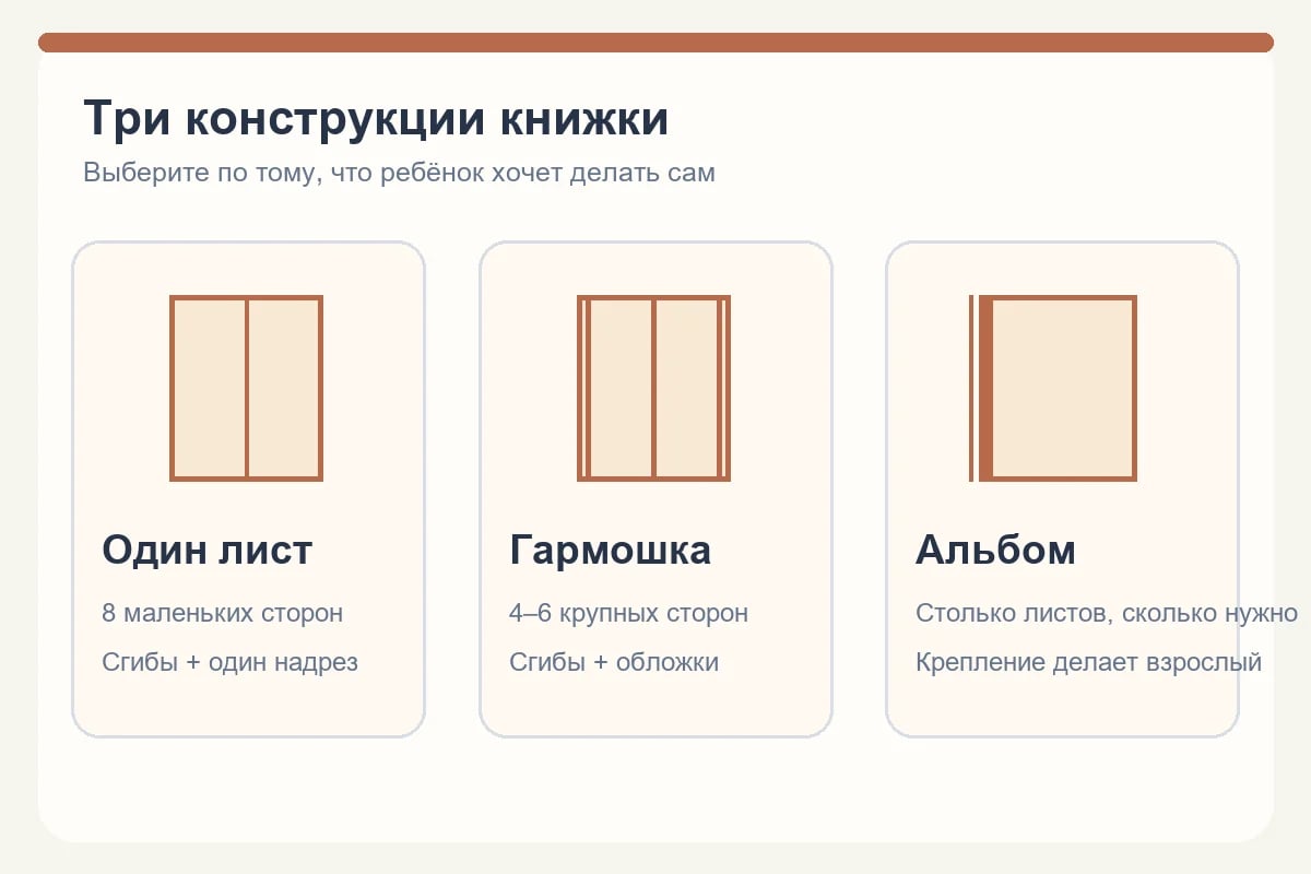 Сравнение трёх конструкций бумажной книжки: один лист, гармошка и альбом