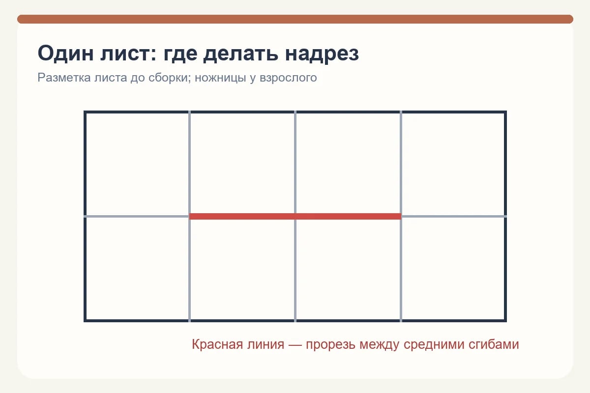 Сетка из восьми панелей на листе А4 с отмеченным коротким центральным надрезом
