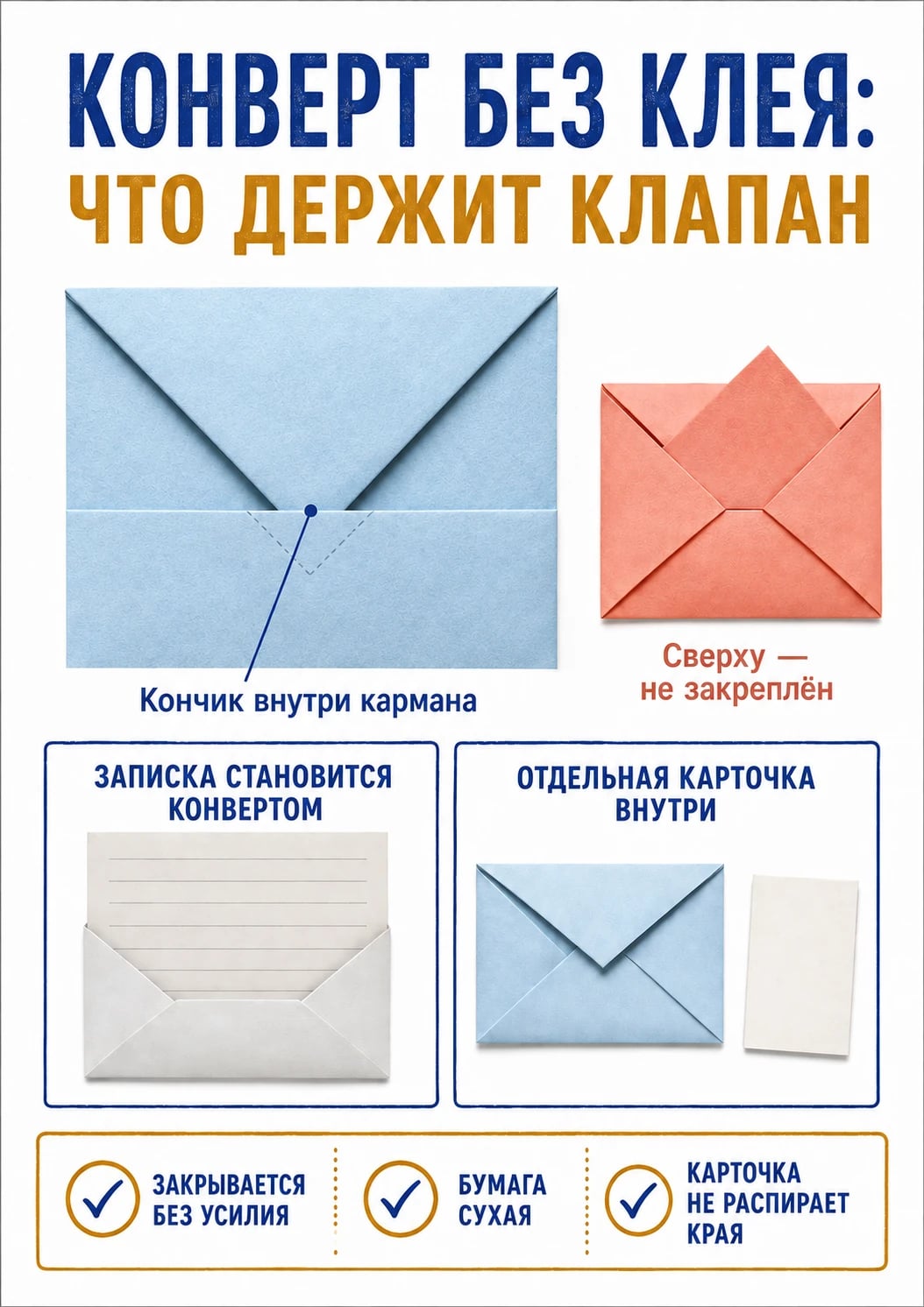 Увеличенный принцип заправки кончика под бумажный карман, сравнение с незакреплённым клапаном и два назначения конверта