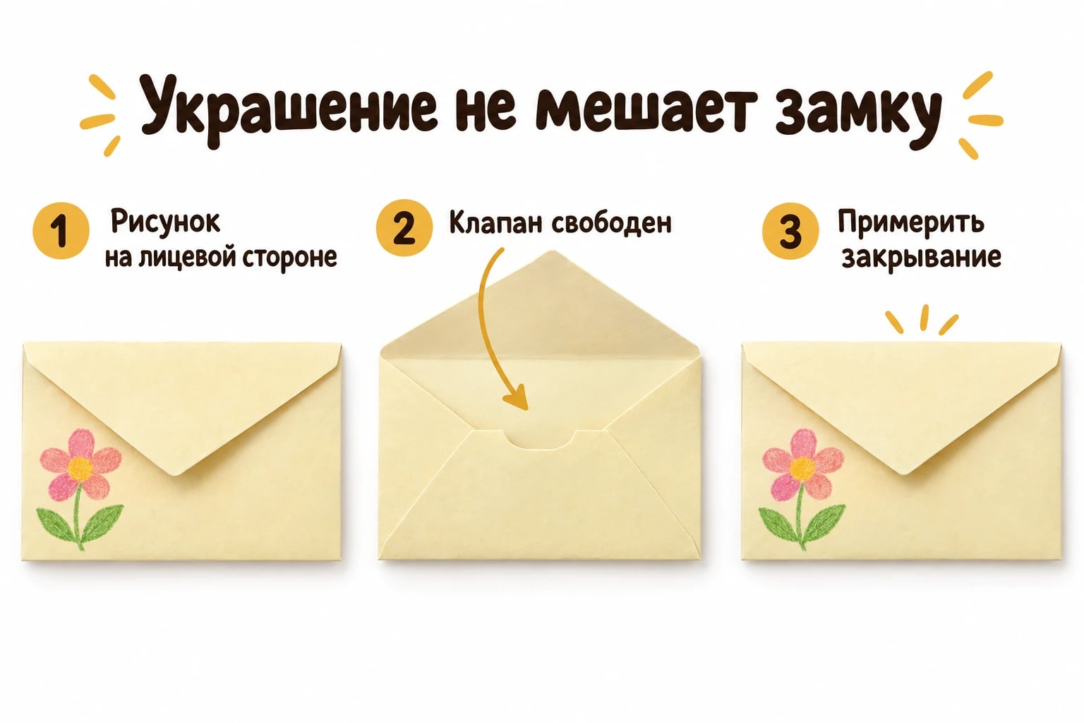 Украшение не мешает замку. Рисунок на лицевой стороне; Клапан свободен; Примерить закрывание.