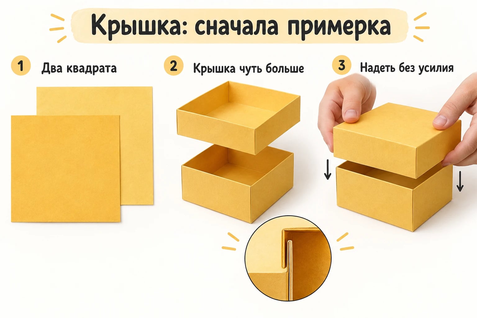 Крышка: сначала примерка. Два квадрата; Крышка чуть больше; Надеть без усилия.