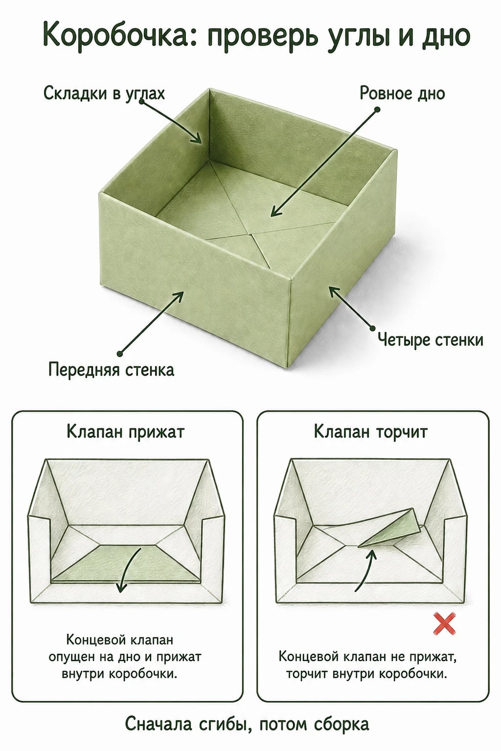 Квадратная бумажная коробочка с четырьмя стенками и сравнение внутреннего клапана, прижатого к дну и оставленного торчать