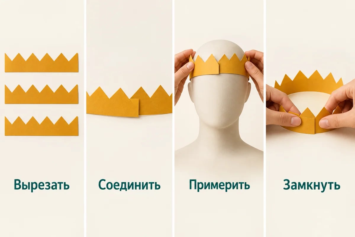 Четыре этапа сборки короны из полосок