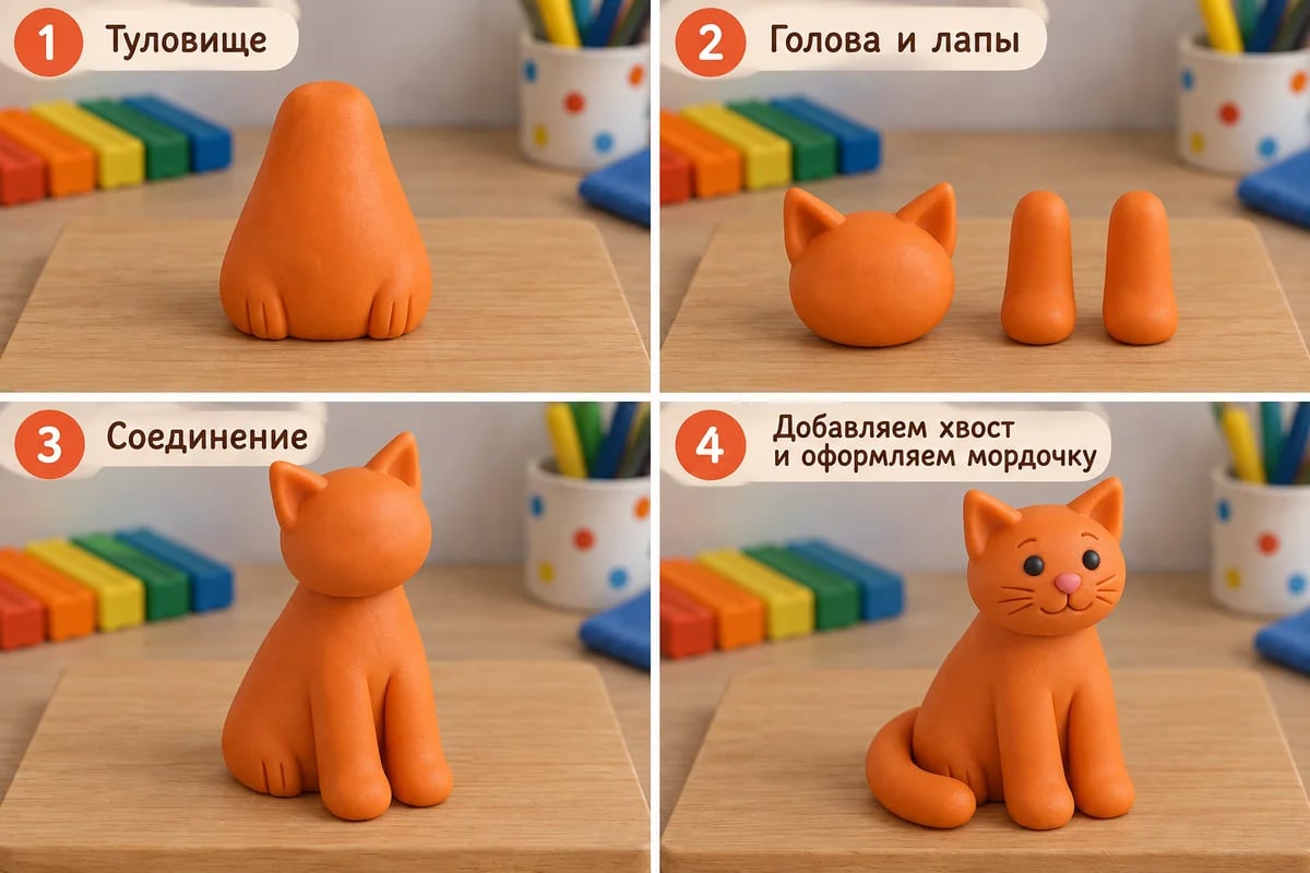 Четыре этапа лепки сидящего кота