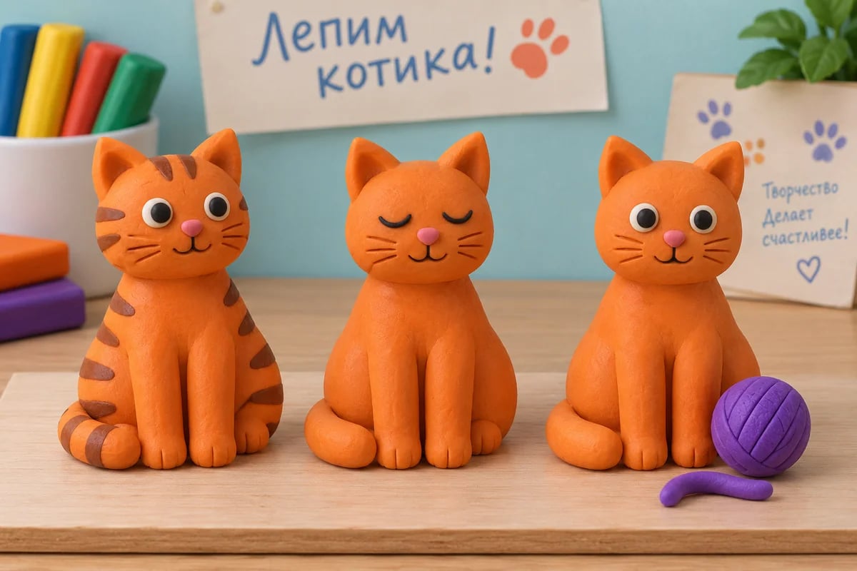Полосатый, сонный кот и кот рядом с пластилиновым клубком