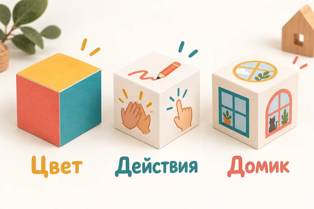 Три готовых бумажных куба: цветные грани, рисунки действий и домик