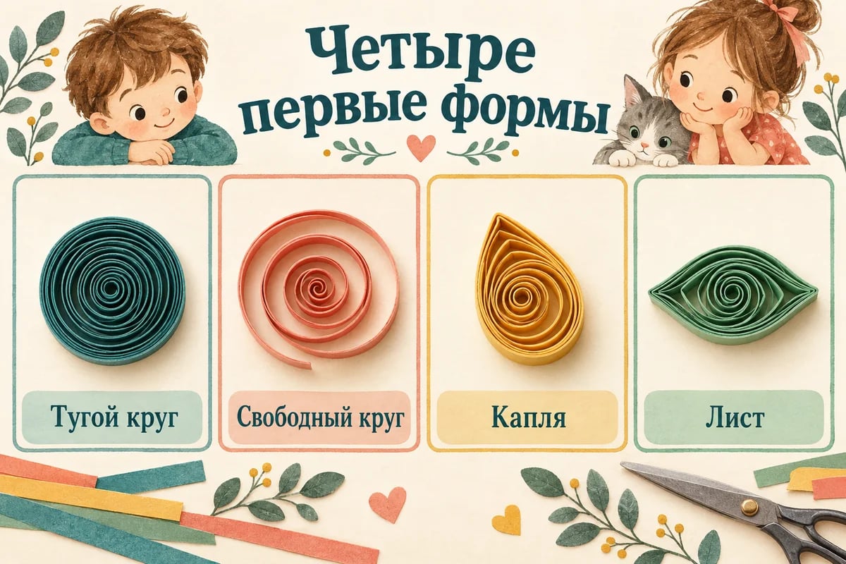Тугой круг, свободный круг, капля и лист из бумажных спиралей