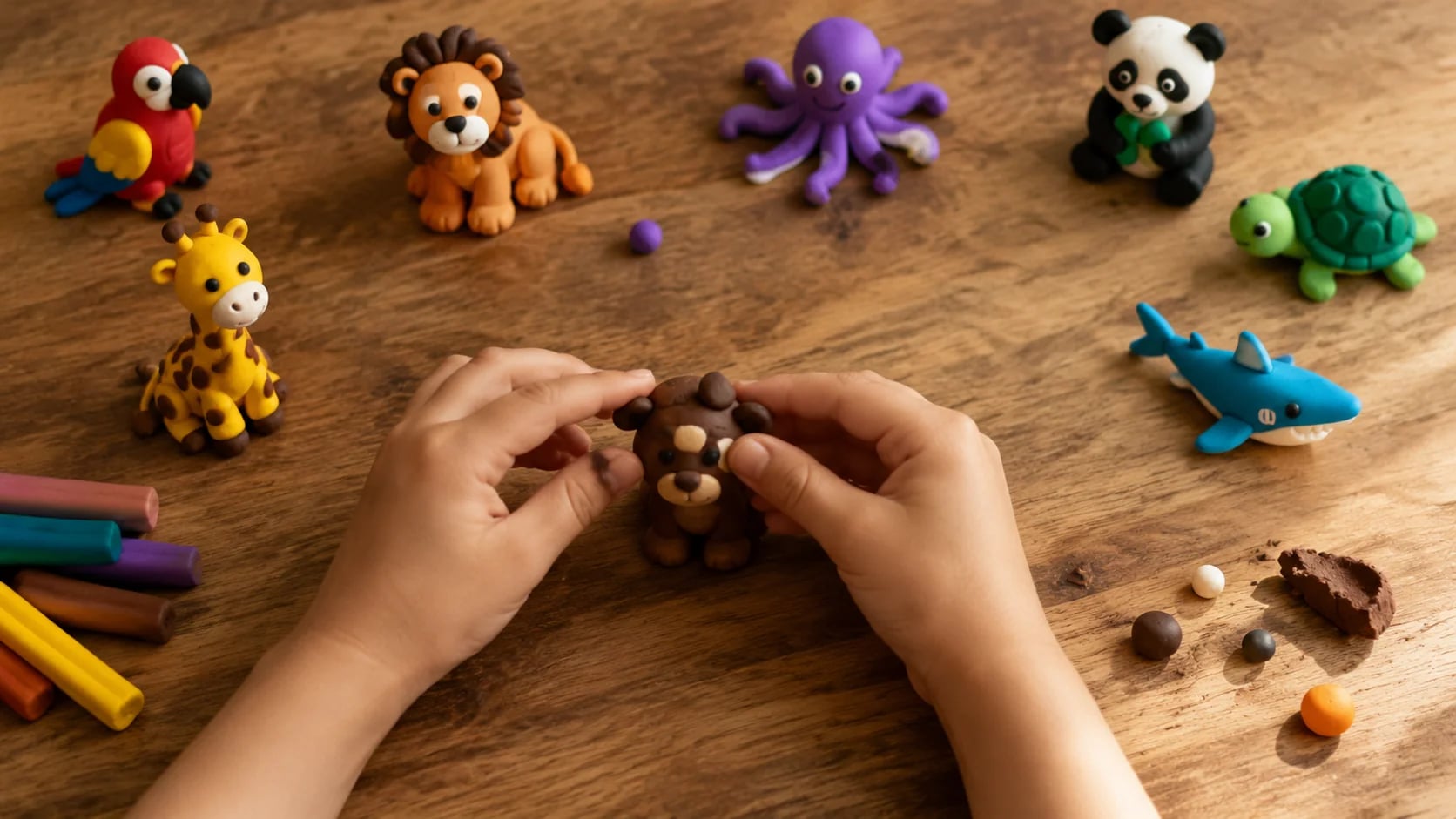 Ребёнок 6-7 лет лепит детальные фигурки разных животных - сравнение уровня сложности