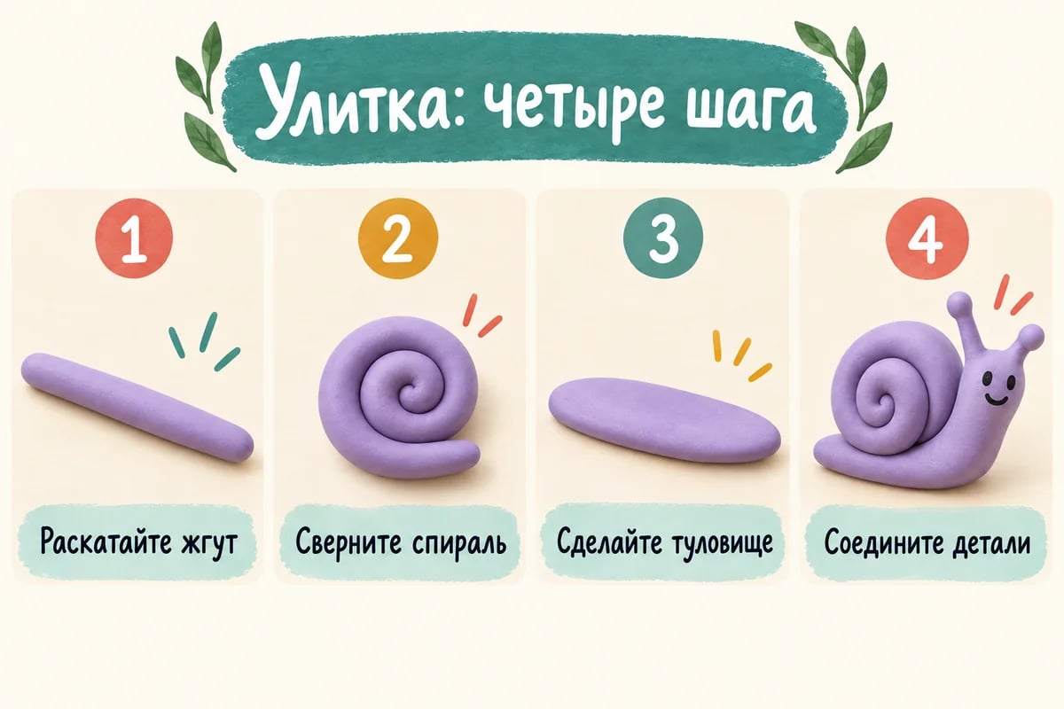 Четыре этапа лепки улитки из жгута и овала