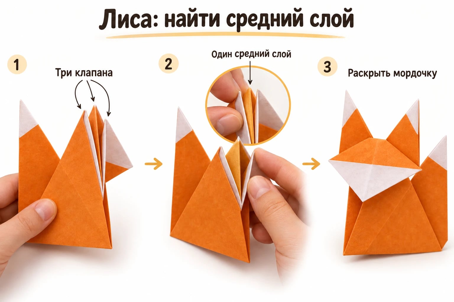 Лиса: найти средний слой. Три клапана; Один средний слой; Раскрыть мордочку.