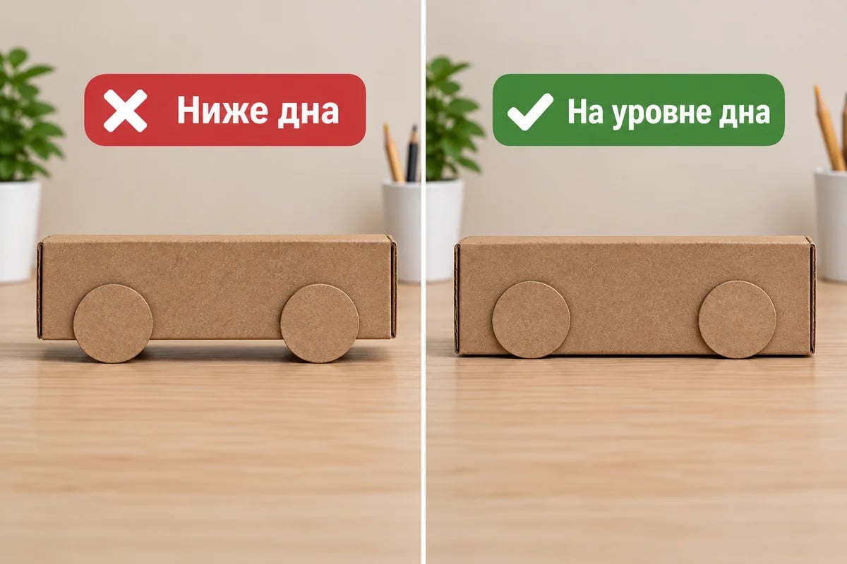 Боковое сравнение колёс ниже дна и колёс на уровне нижнего края кузова