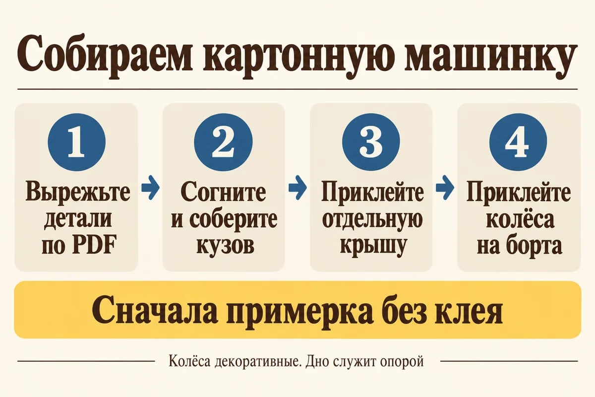 Текстовая памятка четырёх этапов сборки картонной машины