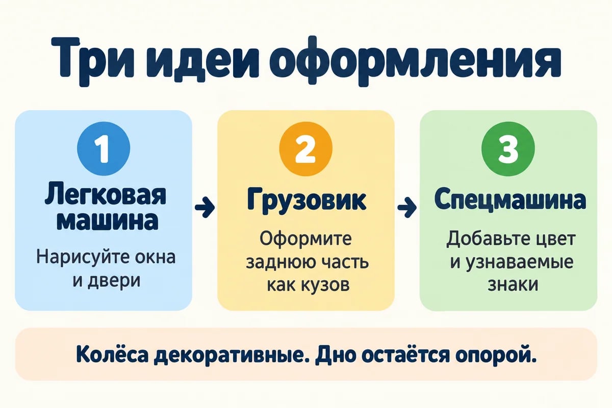 Три текстовые идеи оформления картонной машины: легковая машина, грузовик и спецмашина