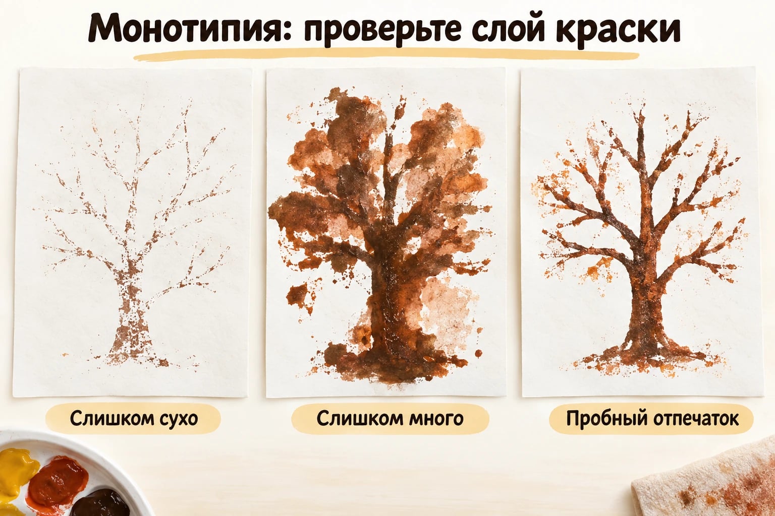 Монотипия: проверьте слой краски. Слишком сухо; Слишком много; Пробный отпечаток.