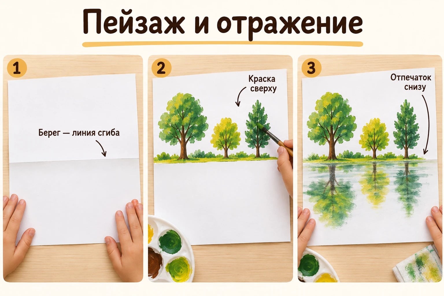 Пейзаж и отражение. Берег — линия сгиба; Краска сверху; Отпечаток снизу.
