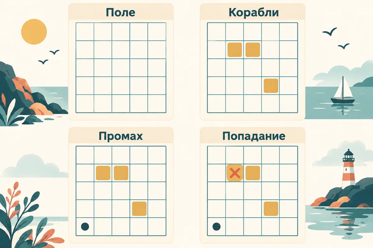 Поле, расстановка и два результата выстрела