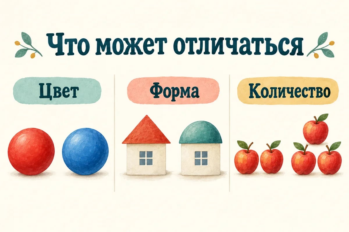 Примеры отличий по цвету, форме и количеству