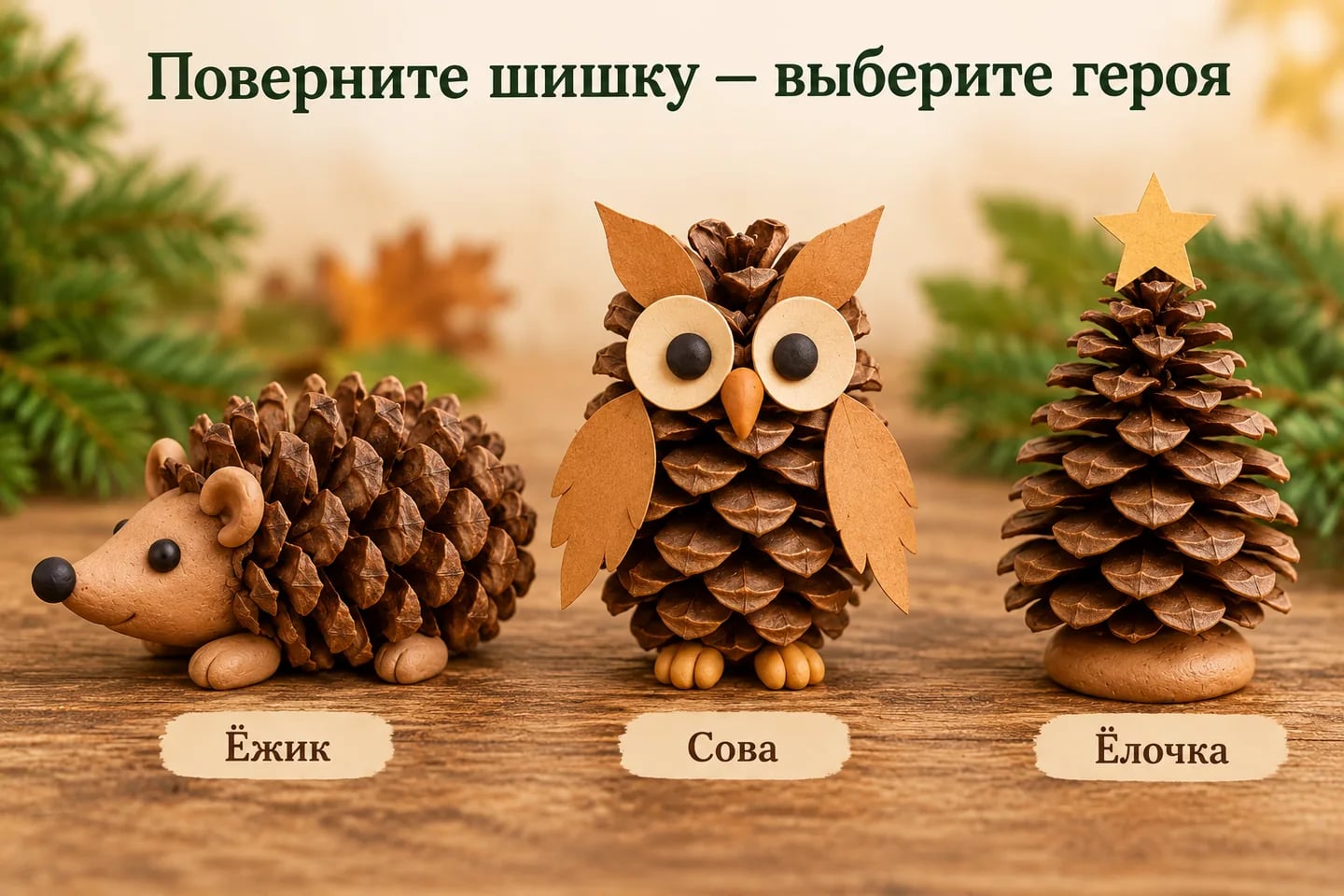 Горизонтальная шишка для ёжика и вертикальные варианты совы и ёлочки