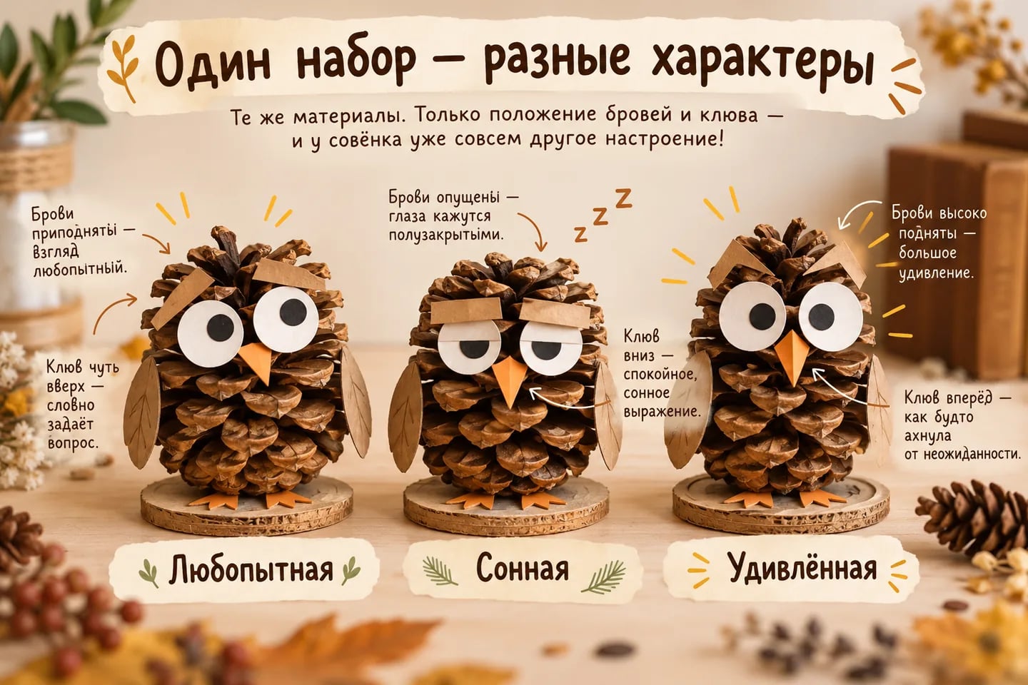 Три совы из шишек с разным положением бумажных бровей