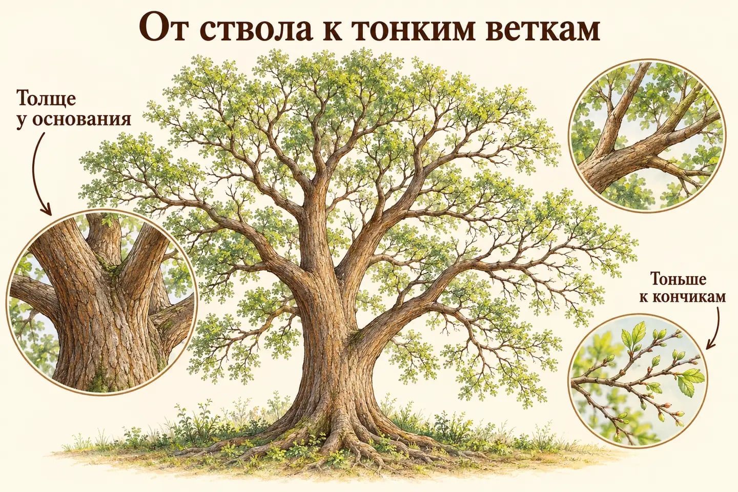 Как крупные ветви переходят в более тонкие ответвления