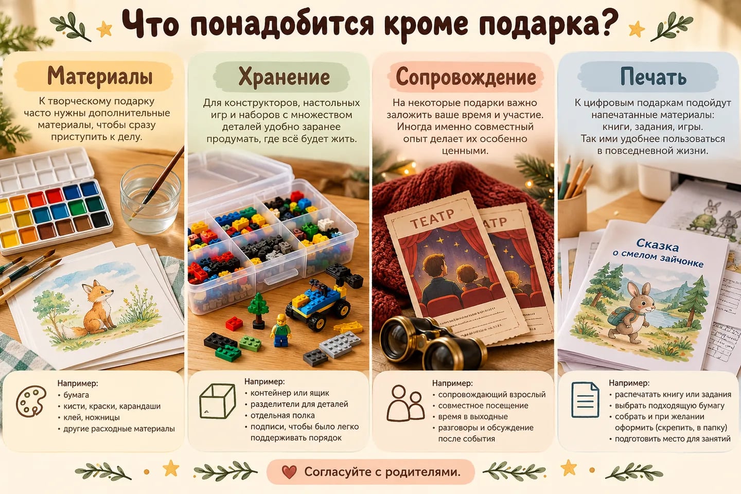 Материалы, хранение, сопровождение и печать как дополнительные условия подарка