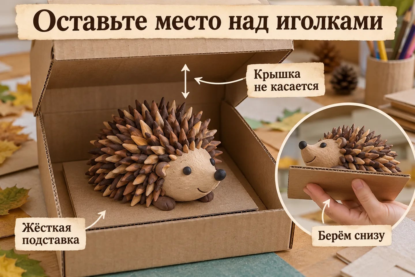 Перенос пластилинового ёжика на подложке в просторной коробке