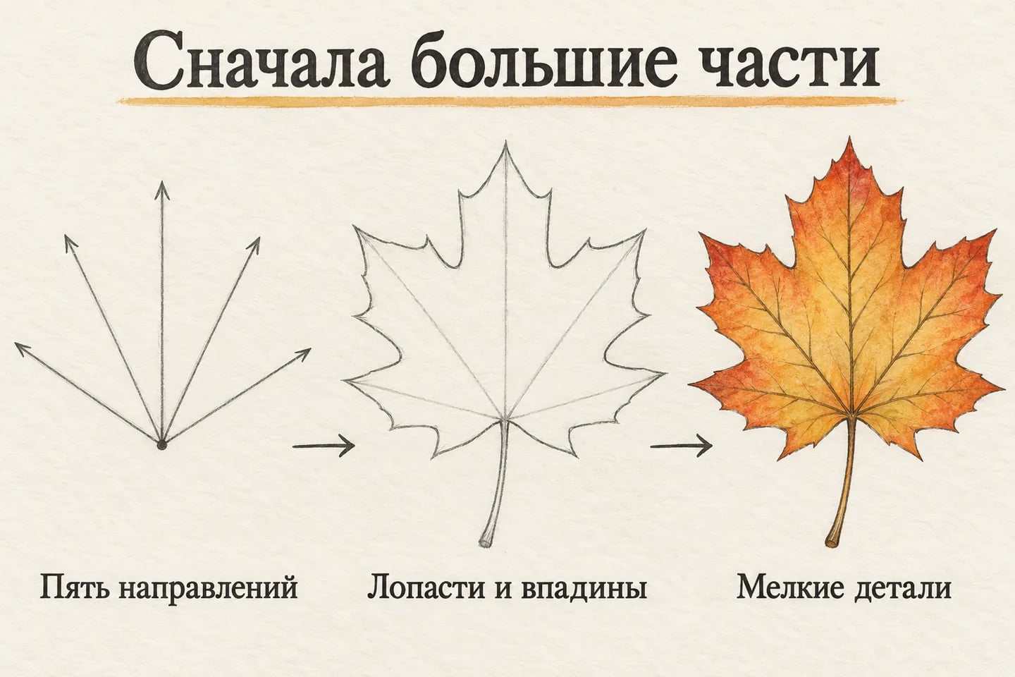 Крупные доли и впадины кленового листа перед рисованием зубчиков