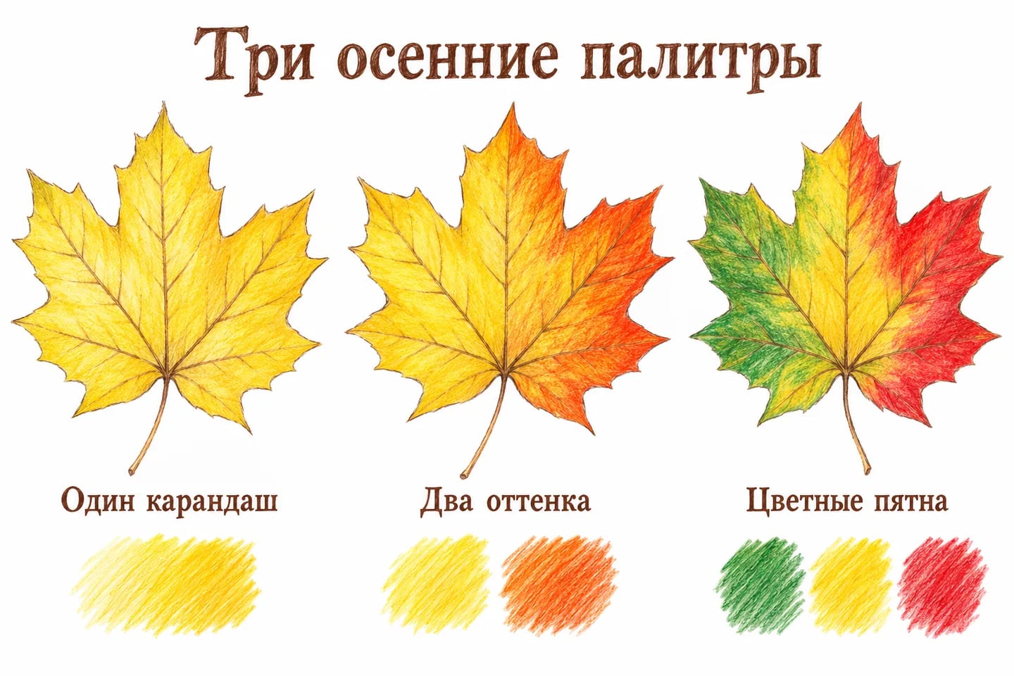 Три цветовых варианта нарисованного кленового листа