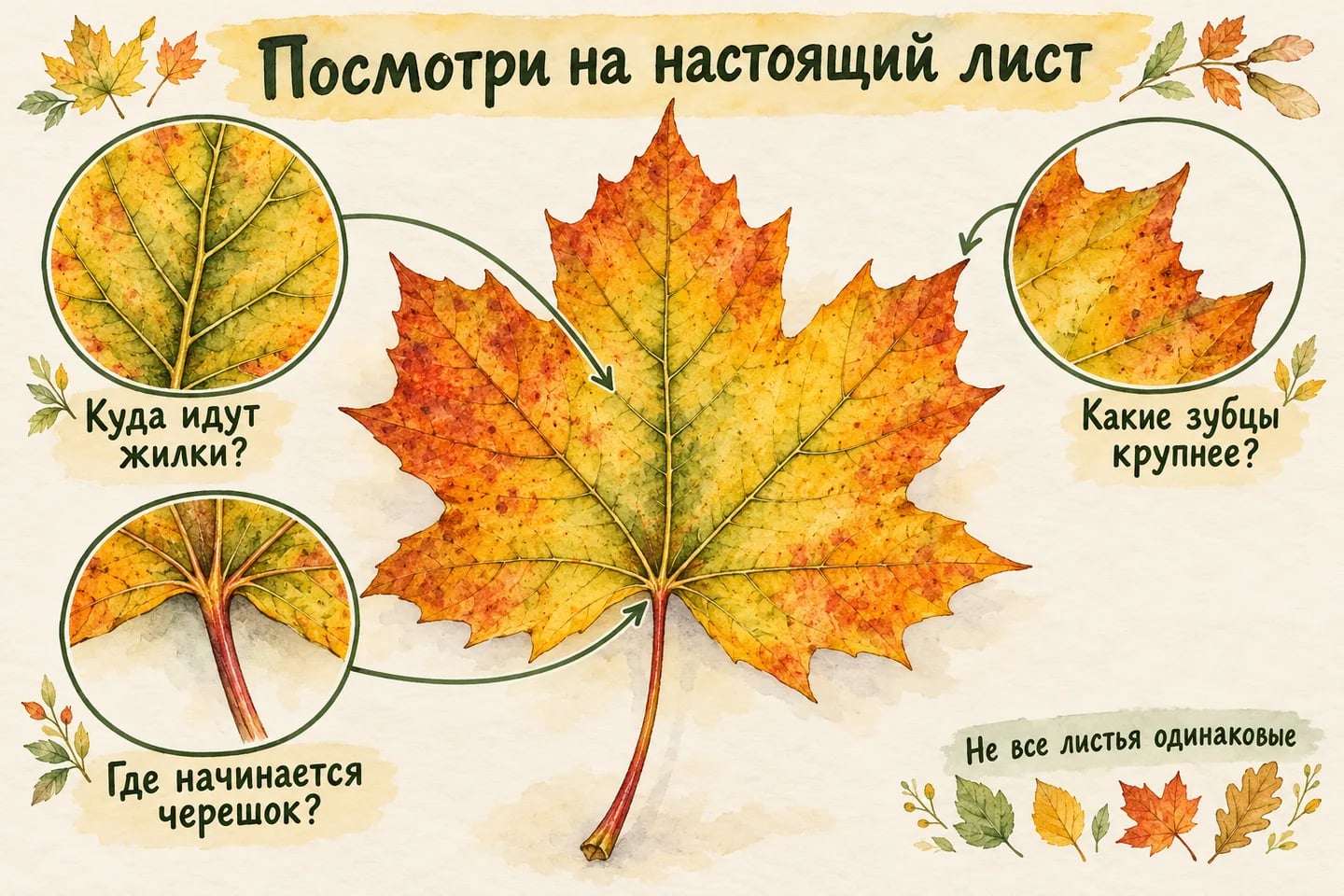 Наблюдение за формой настоящего кленового листа рядом с рисунком