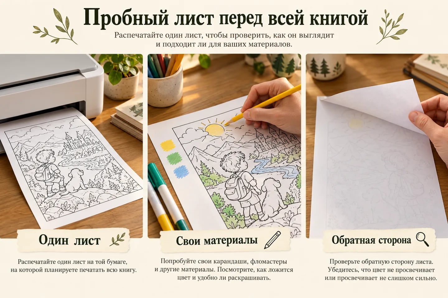 Пробная печать одной страницы и проверка следа фломастера