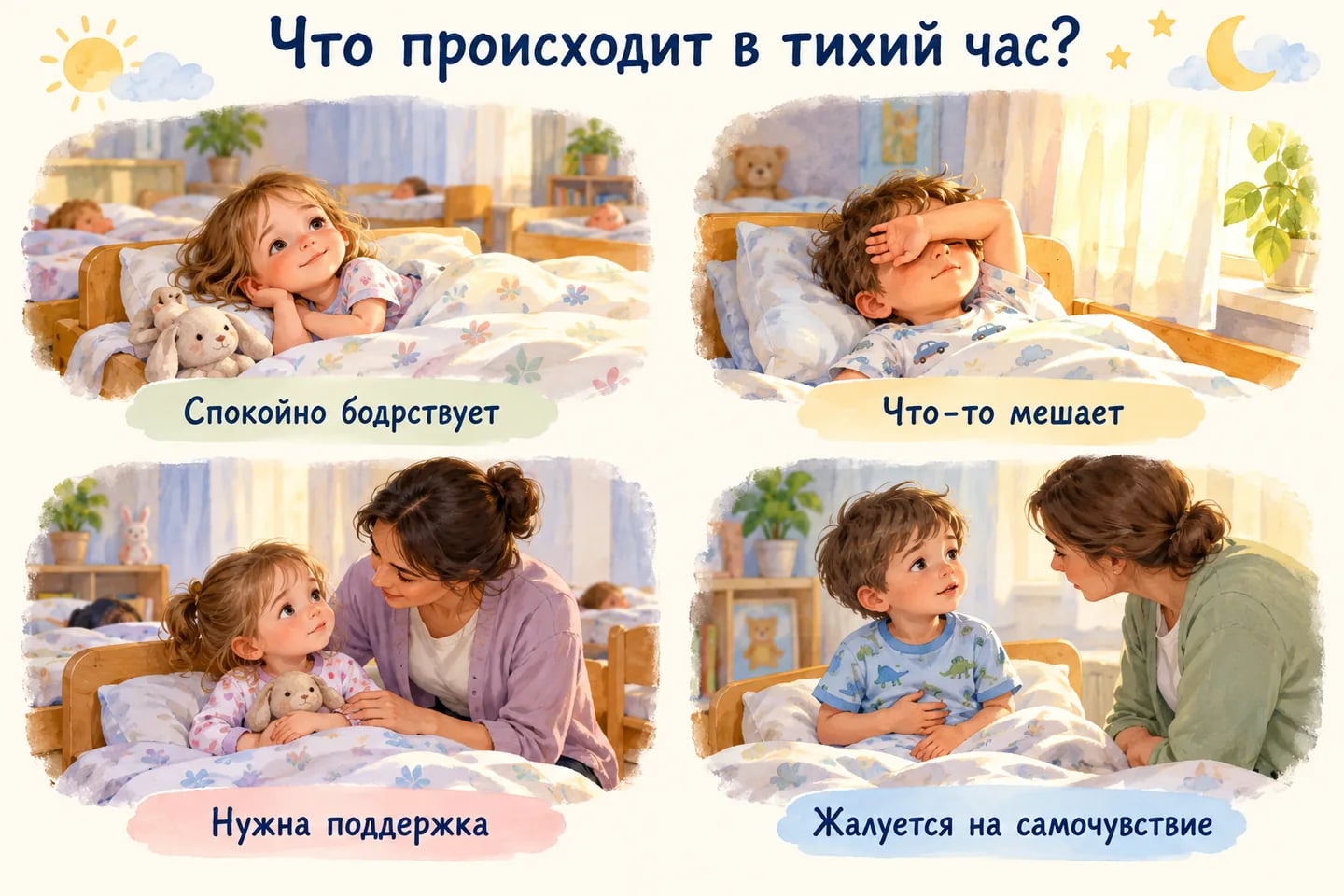 Разные ситуации в тихий час: спокойное бодрствование, неудобство и потребность в поддержке