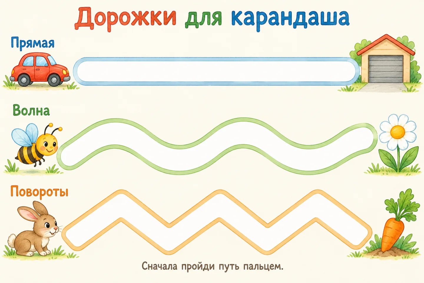 Прямая, плавная и извилистая дорожки для движения карандашом