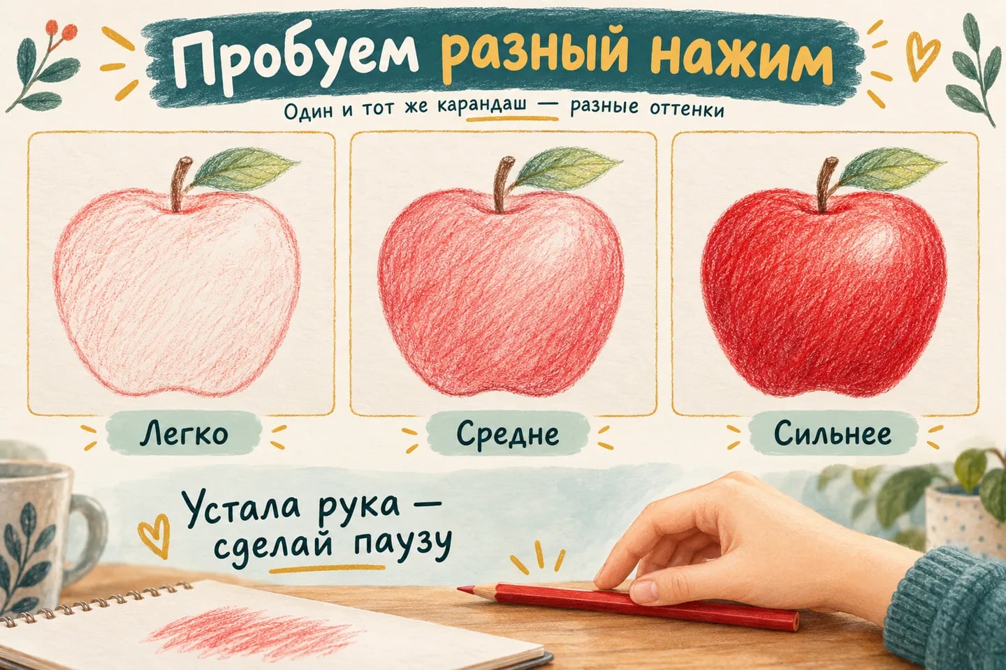 Три оттенка красного карандаша на одинаковых контурах яблока