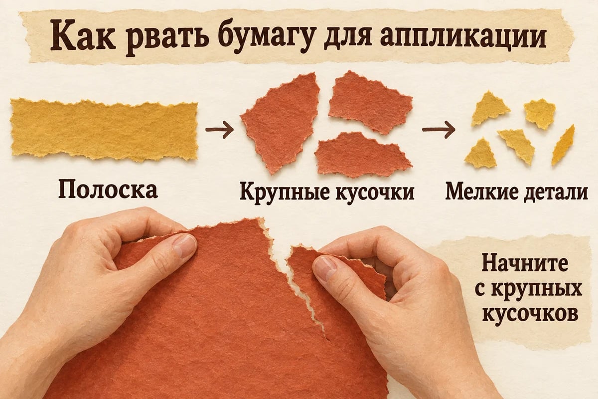 Полоска бумаги, крупные обрывки и мелкие детали; руки показывают, как отрывать большой кусочек