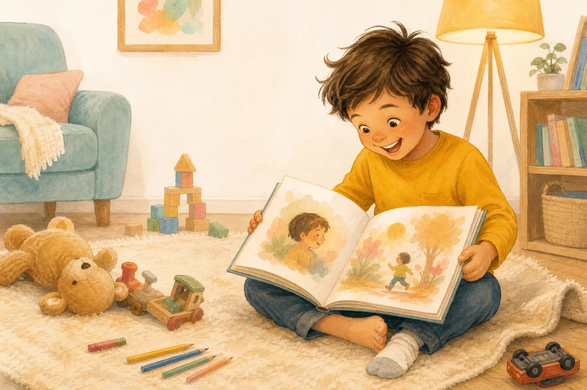 Ребёнок 5 лет сидит на ковре и листает персональную сказочную книгу с улыбкой - типовая эмоция получения именной книги в подарок