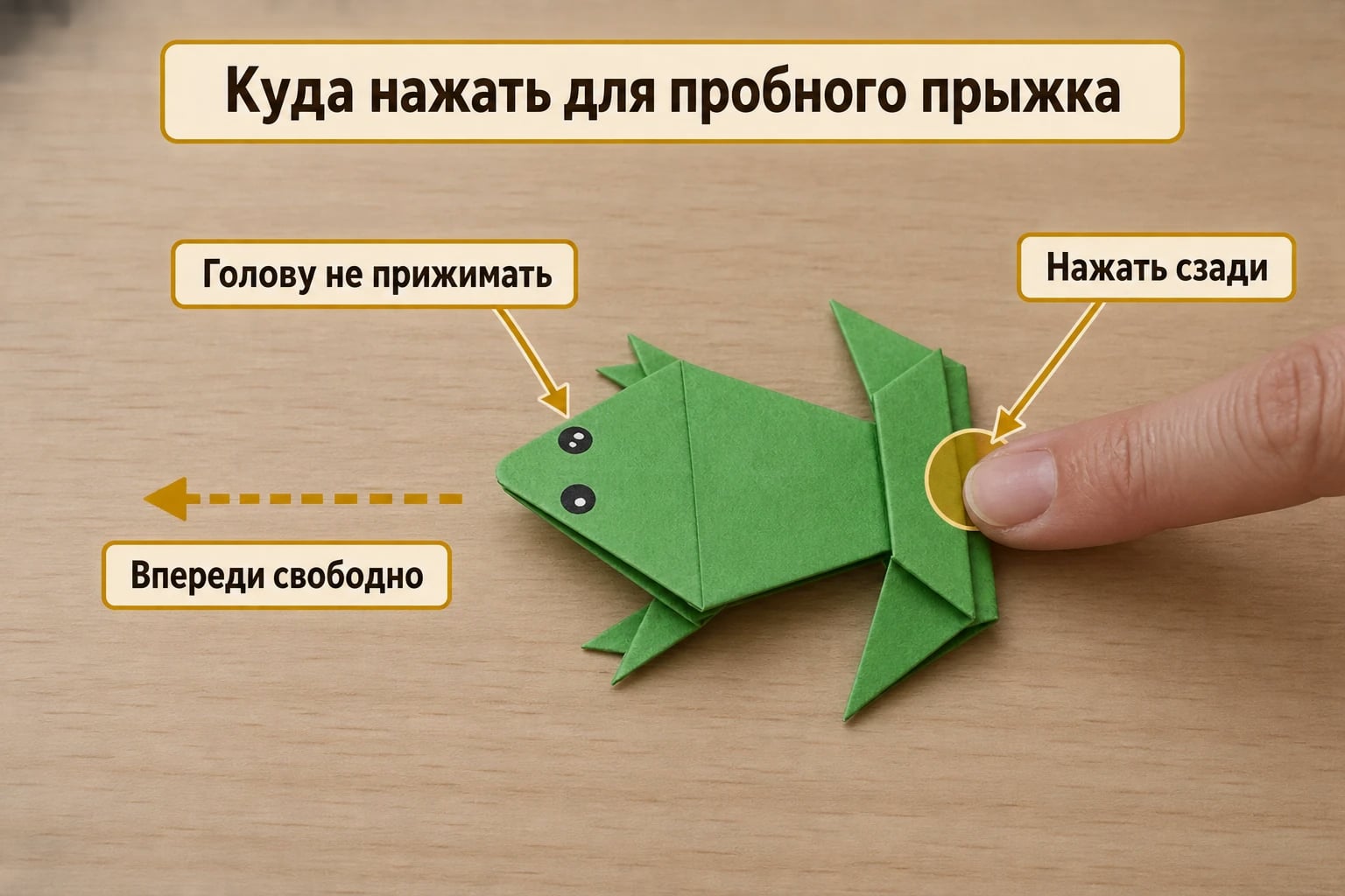 Куда нажать для пробного прыжка. Нажать сзади; Голову не прижимать; Впереди свободно.