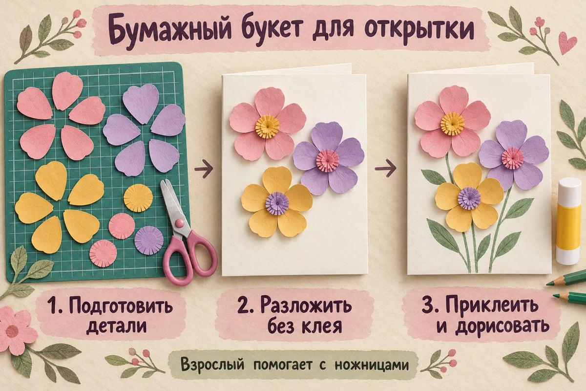 Бумажный букет для открытки: подготовить крупные лепестки, разложить без клея, приклеить и дорисовать стебли