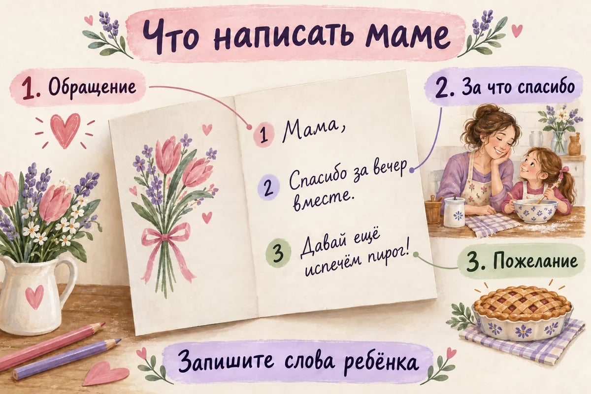 Раскрытая открытка маме с примером обращения, благодарности за вечер вместе и пожелания снова испечь пирог
