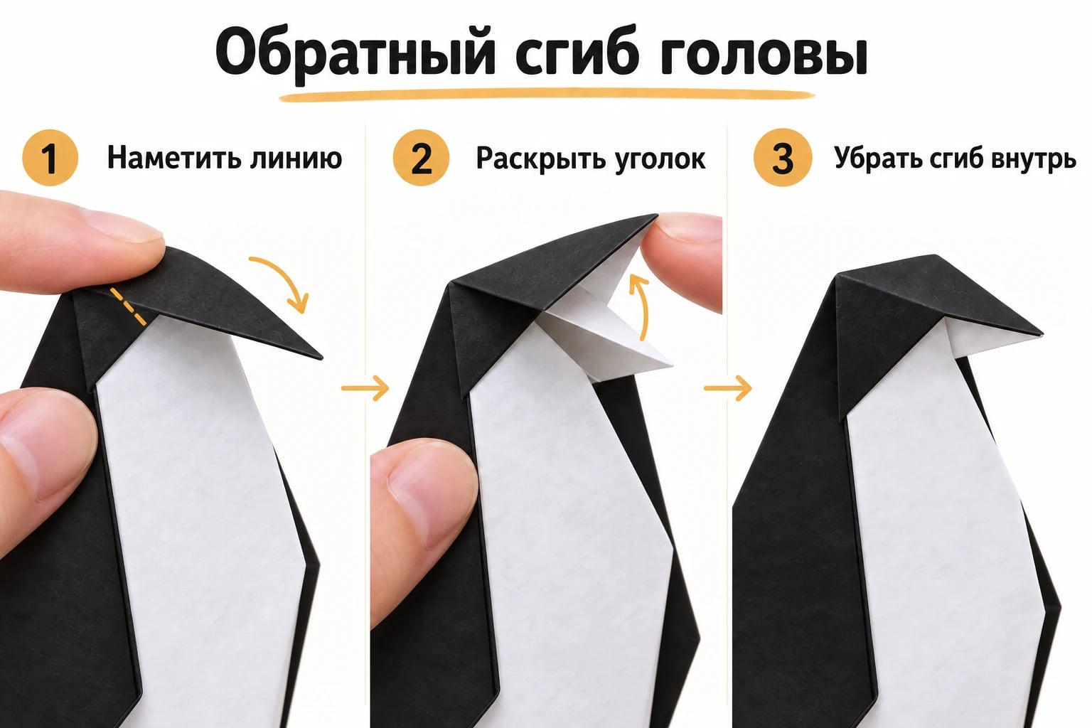 Обратный сгиб головы. Наметить линию; Раскрыть уголок; Убрать сгиб внутрь.