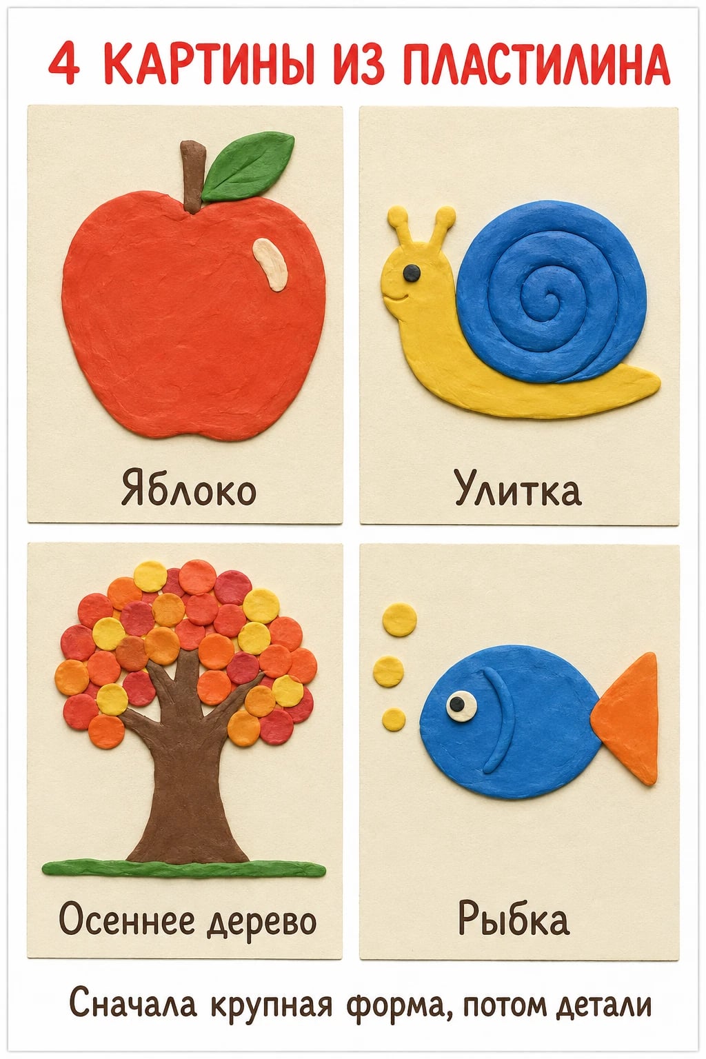 Четыре плоские пластилиновые картины: красное яблоко, улитка с синей спиралью, осеннее дерево из цветных лепёшек и синяя рыбка