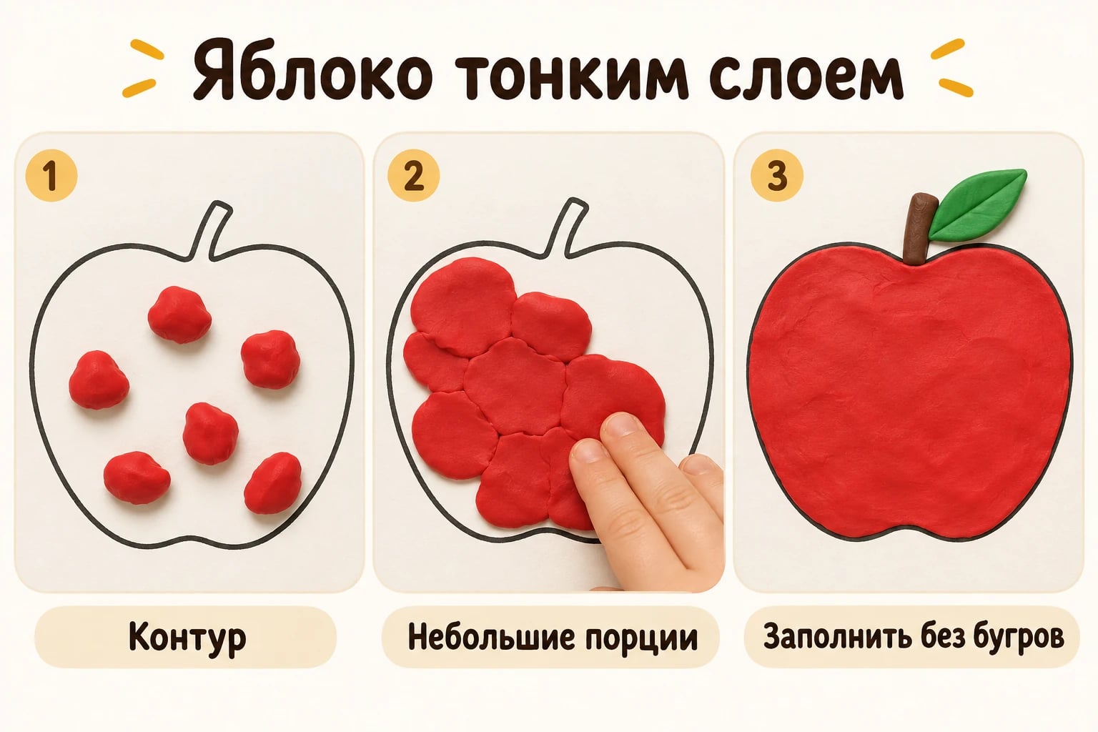 Яблоко тонким слоем. Контур; Небольшие порции; Заполнить без бугров.