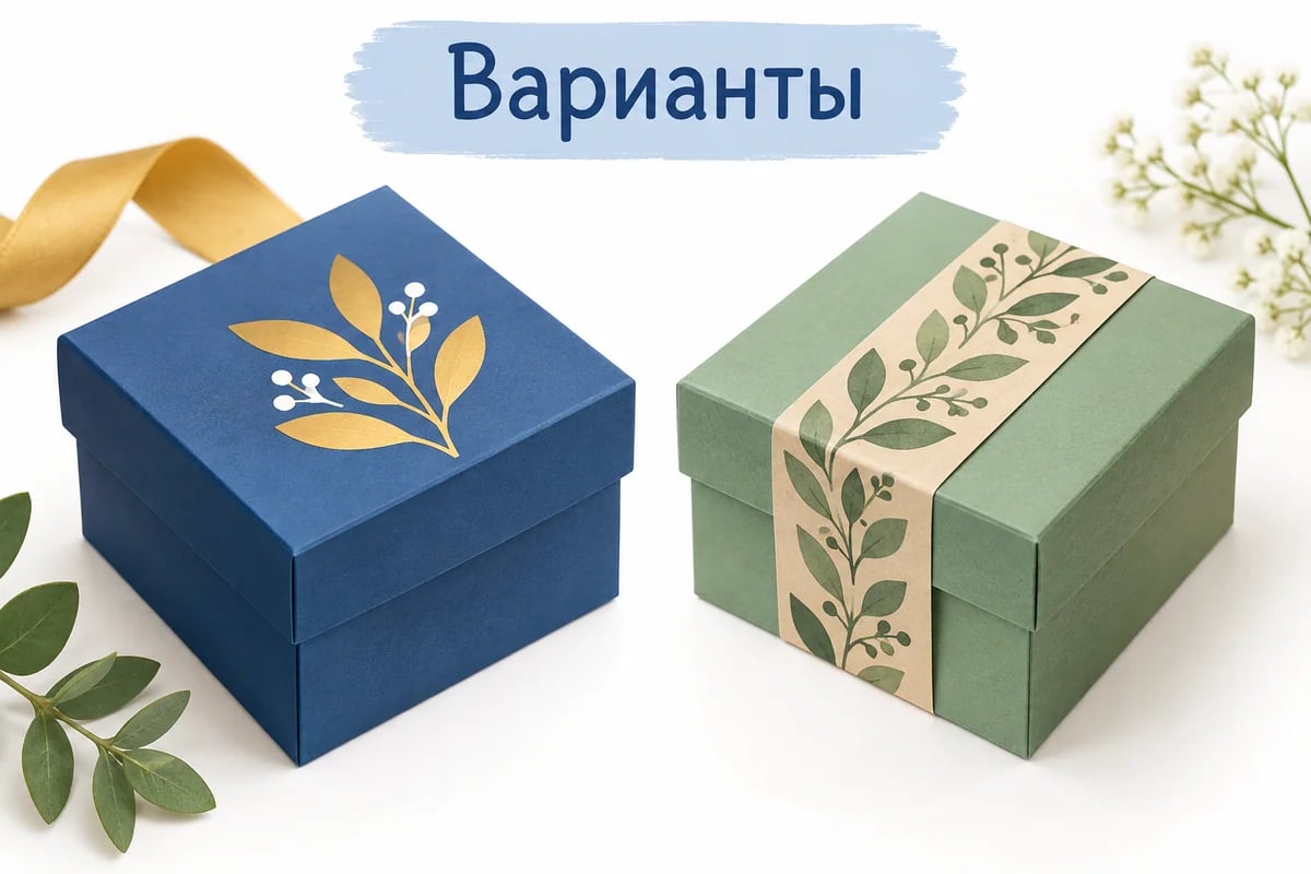 Два оформления одной коробки: плоский рисунок на крышке и широкая снимаемая бумажная полоса вокруг закрытой коробки.