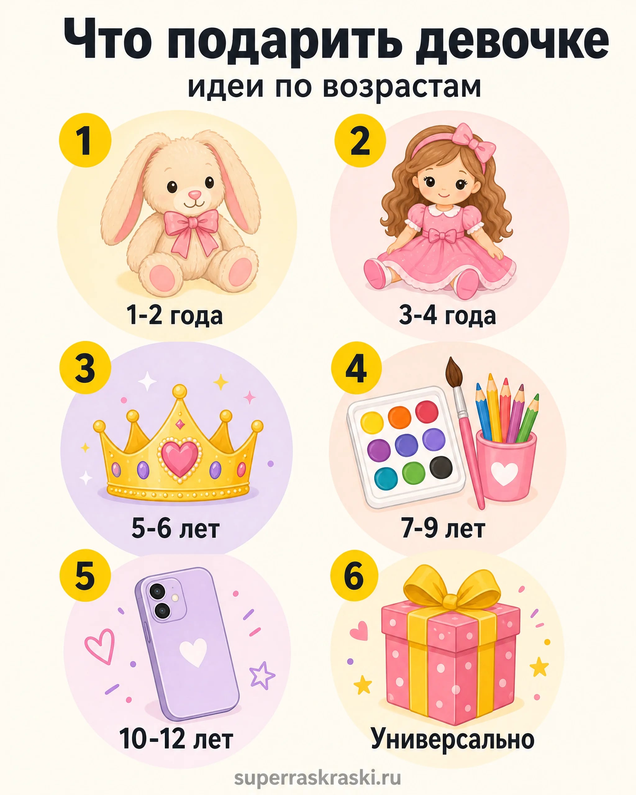 Инфографика: что подарить девочке - 6 идей по возрастам от 1 до 12 лет