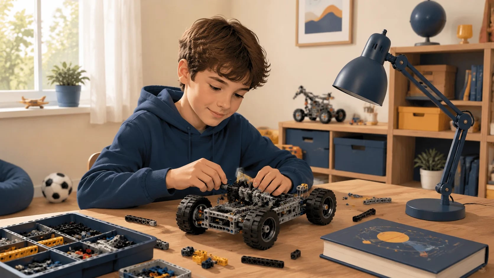 Мальчик 9 лет за рабочим столом собирает конструктор LEGO Technic