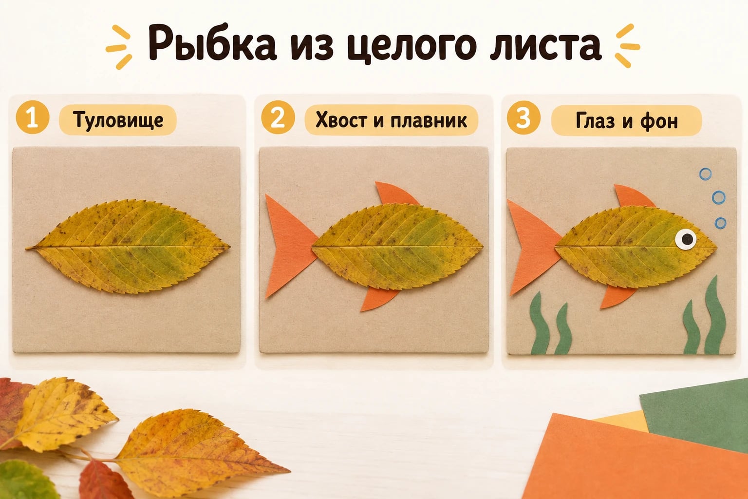 Рыбка из целого листа. Туловище; Хвост и плавник; Глаз и фон.