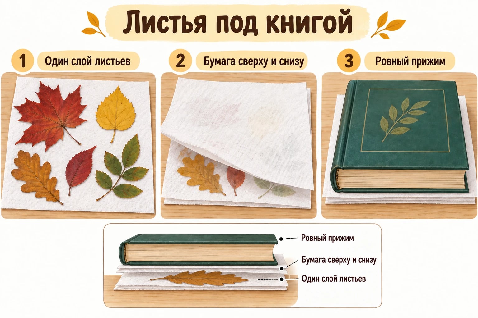 Листья под книгой. Один слой листьев; Бумага сверху и снизу; Ровный прижим.